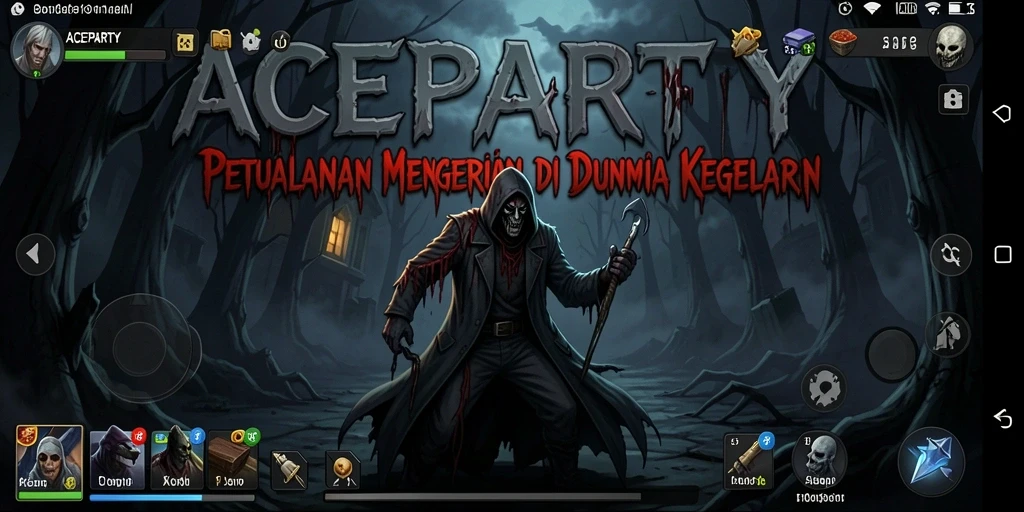 Screenshot utama ACEPARTY menunjukkan momen menegangkan saat karakter menghadapi makhluk menyeramkan.
