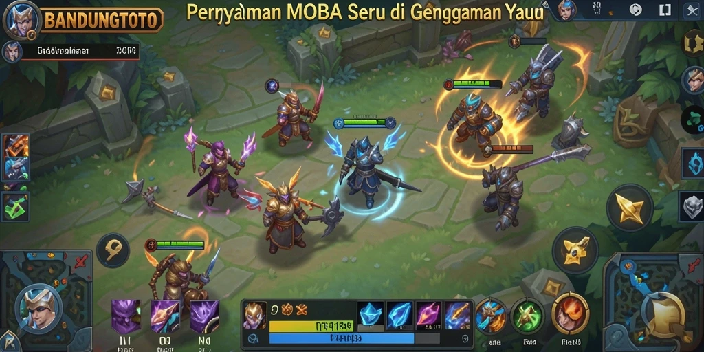 Screenshot utama BANDUNGTOTO menampilkan pertempuran seru antar karakter MOBA.