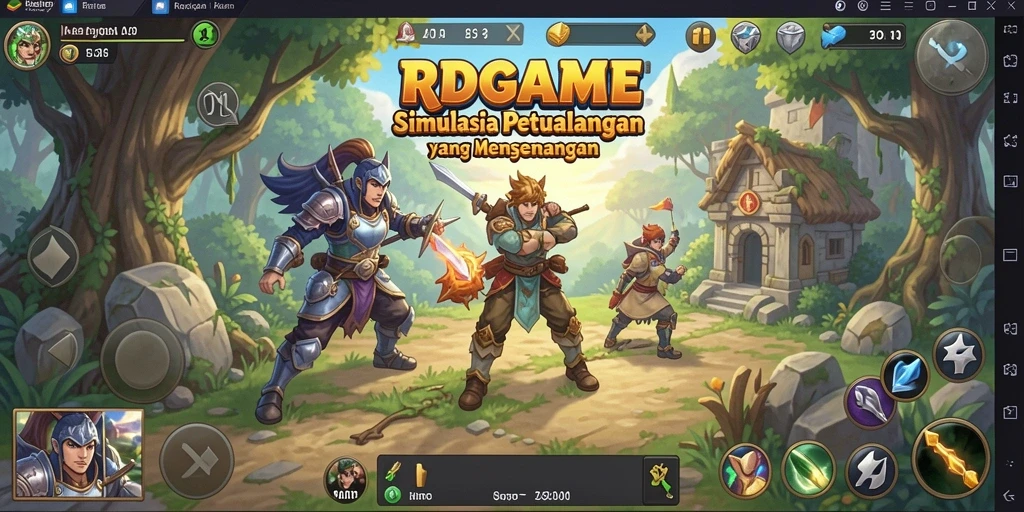 Screenshot RPGAME menampilkan karakter yang sedang berpetualang di dunia simulasi.